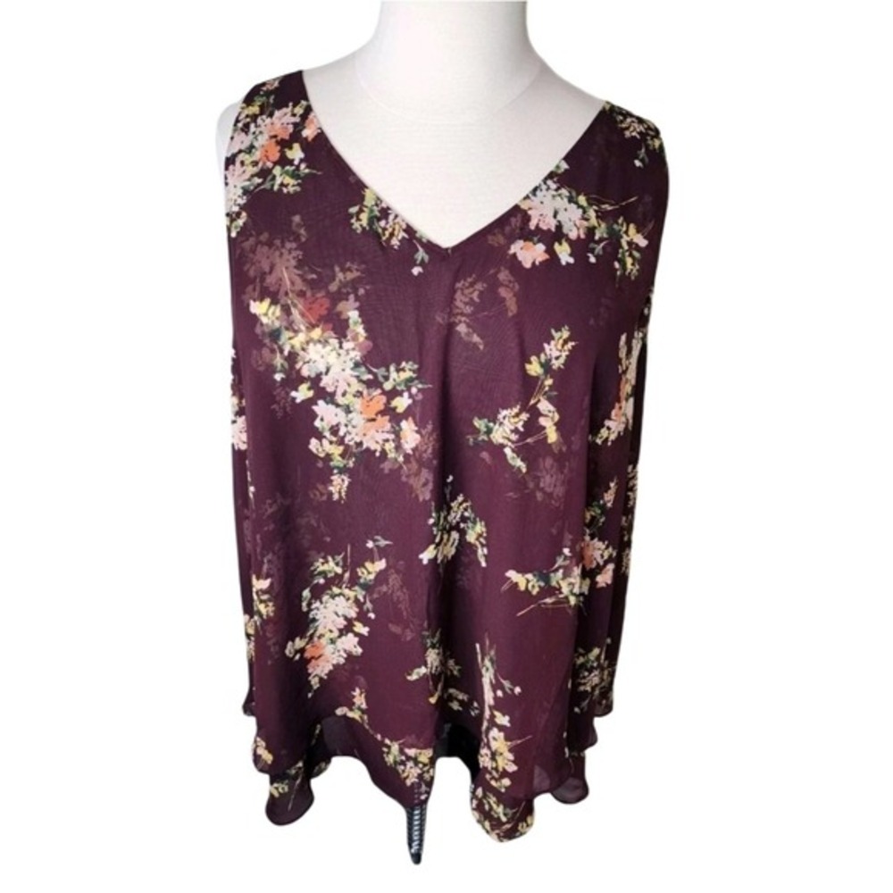 Lane Bryant‎ Women 18 Burgundy Floral Layered Chiffon V-Neck Sleeveless Tank Top